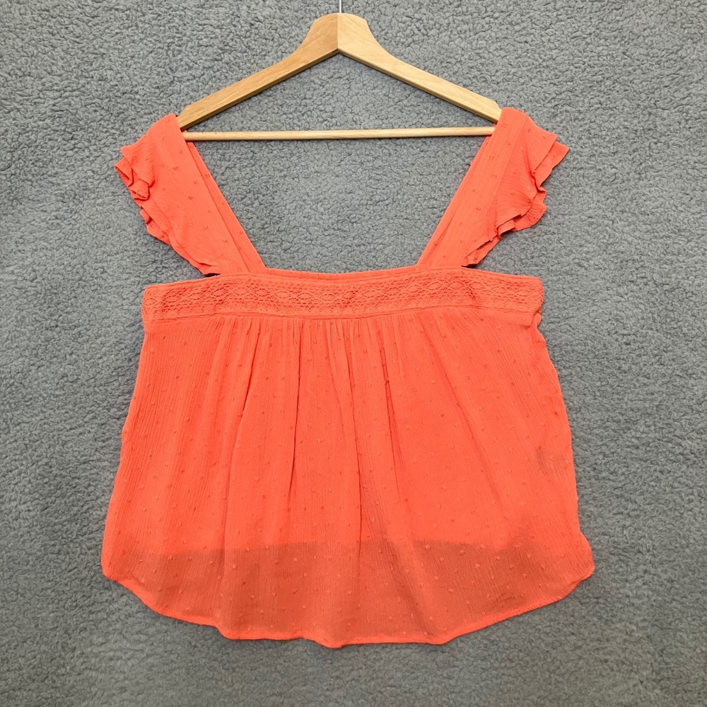 Y2K‎ Vtg B.Wear Tank Top Women M Coral Clip Dot Ruffle Strap Lace Crop Babydoll